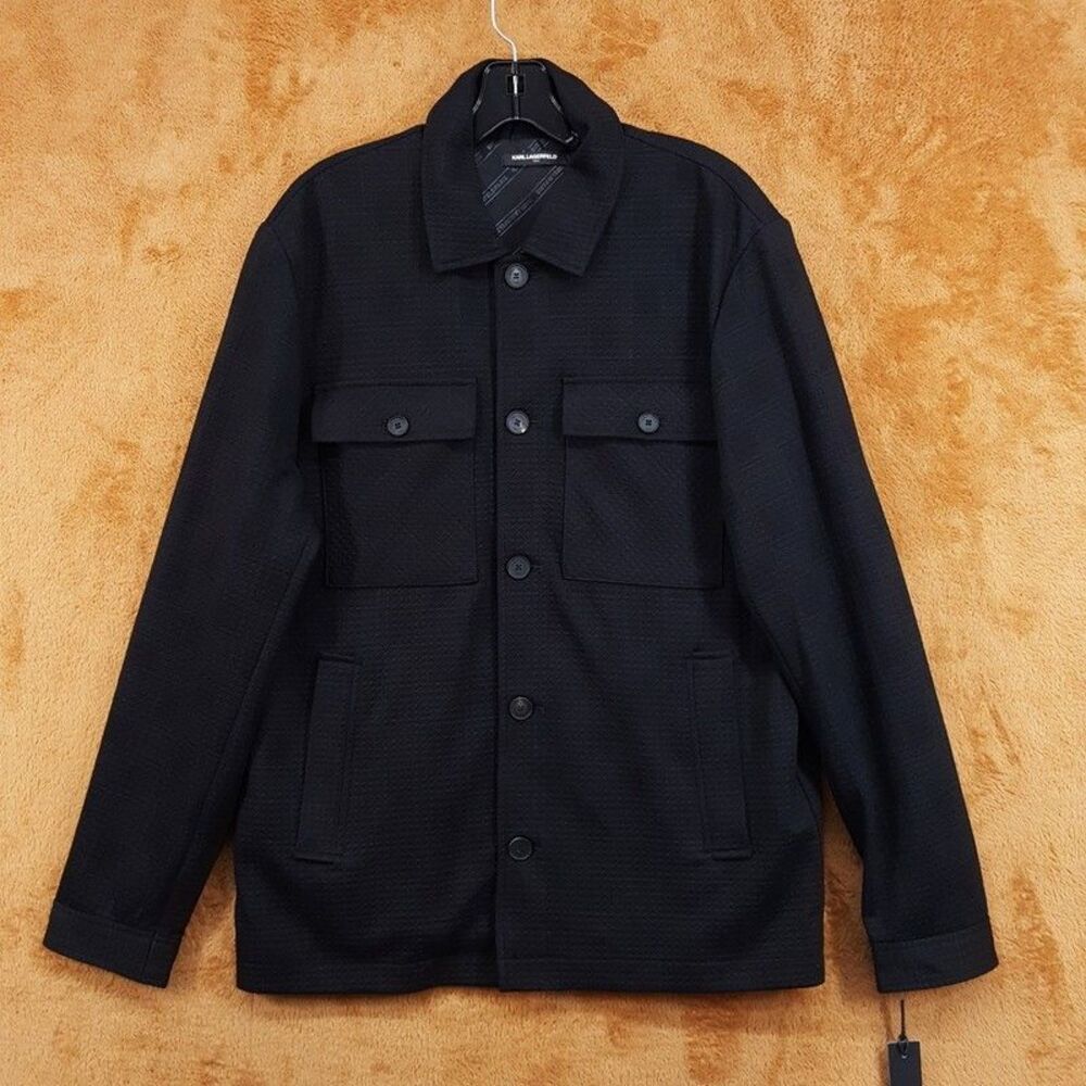 KARL LAGERFELD Jacket Mens Small Black Textured Knit Button Up Chest Pocket $169